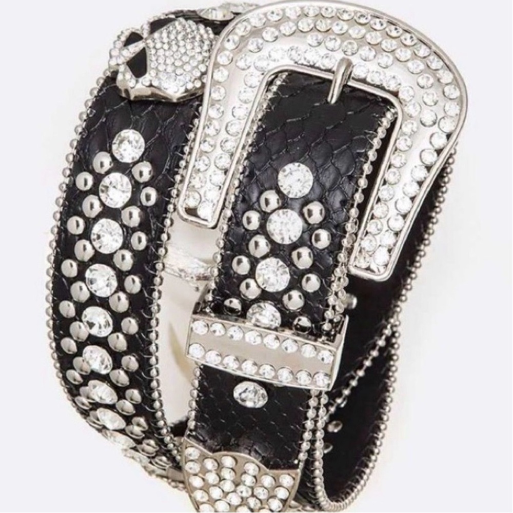 Black Crystal and Skull Embellished Leather Women's Belt